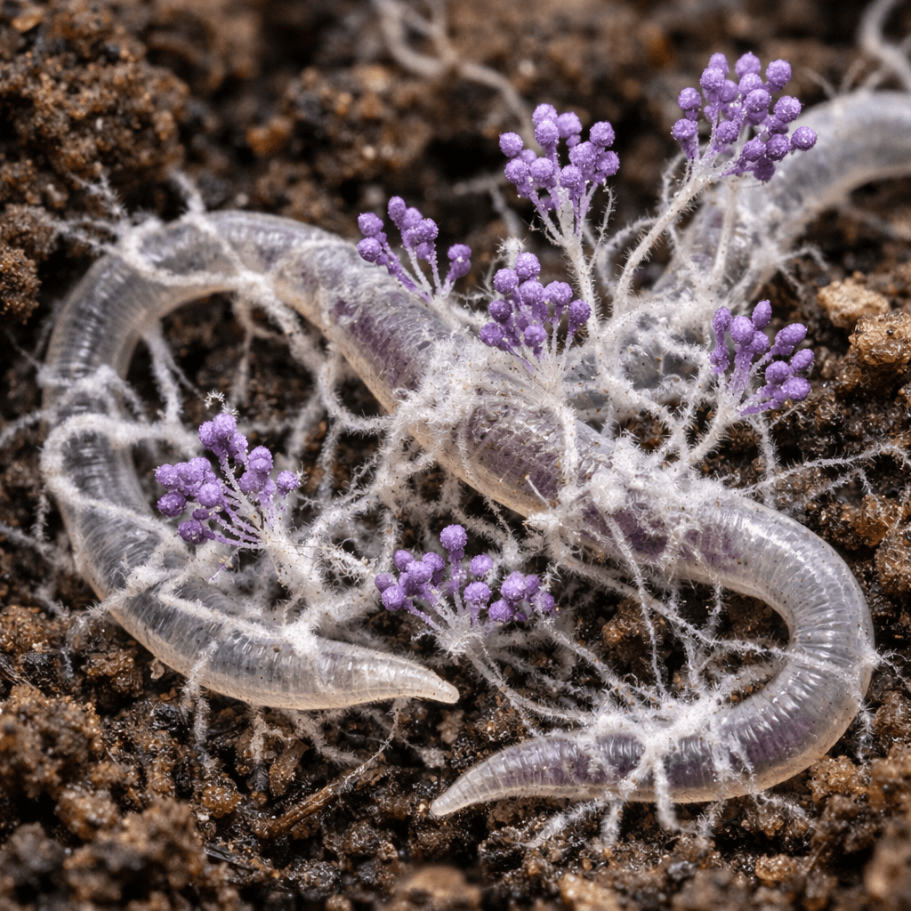 Earthworms entangled with white fungal threads and purple spore clusters on brown soil