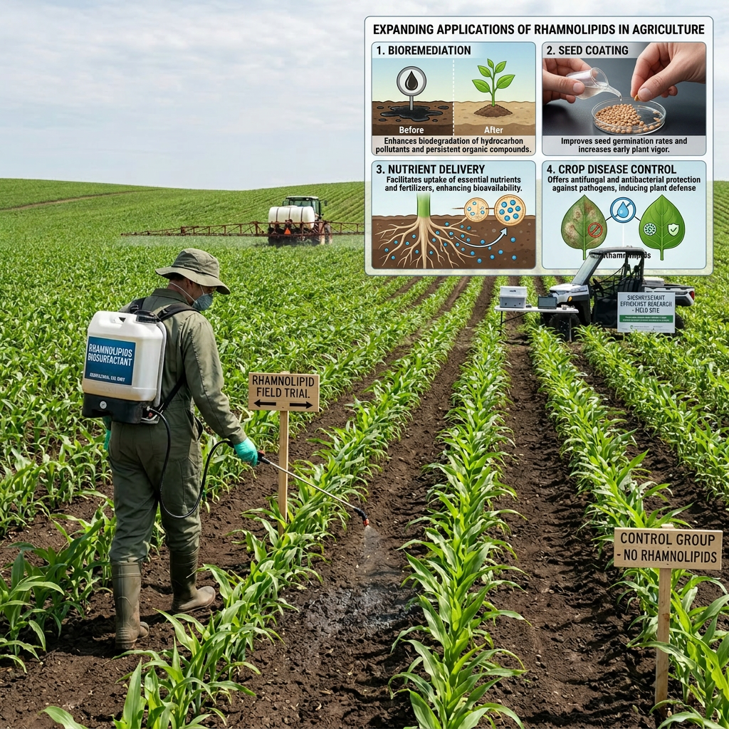 Researcher spraying rhamnolipid biosurfactants on maize plants in experimental field