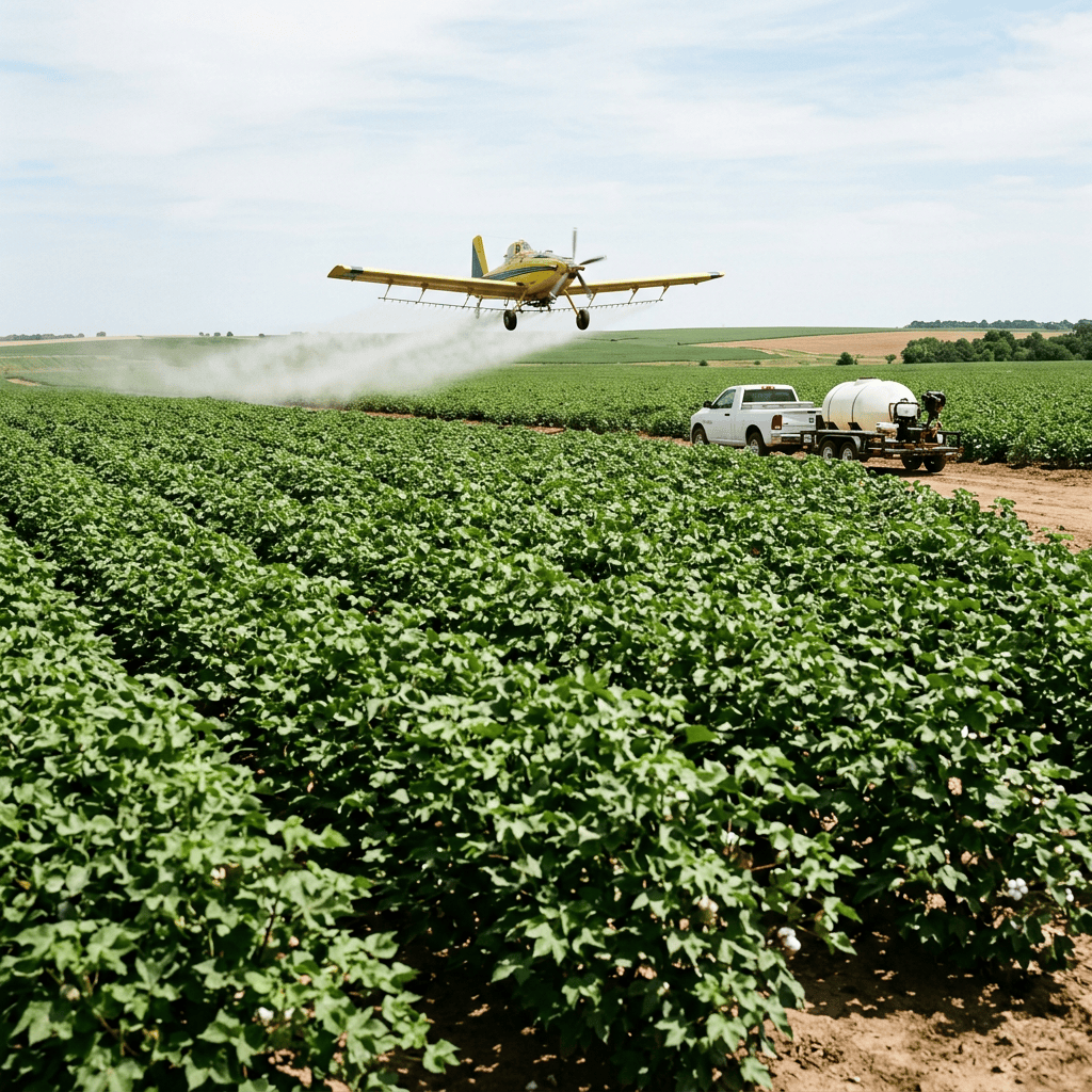 Yellow agricultural plane spraying pesticide over green cultivated farmland with a white pickup truck and tank trailer on a dirt road nearby.